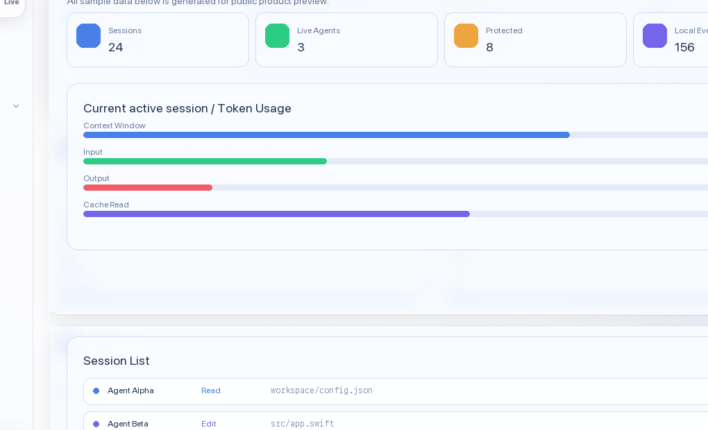 AgentGuard live sessions and token overview
