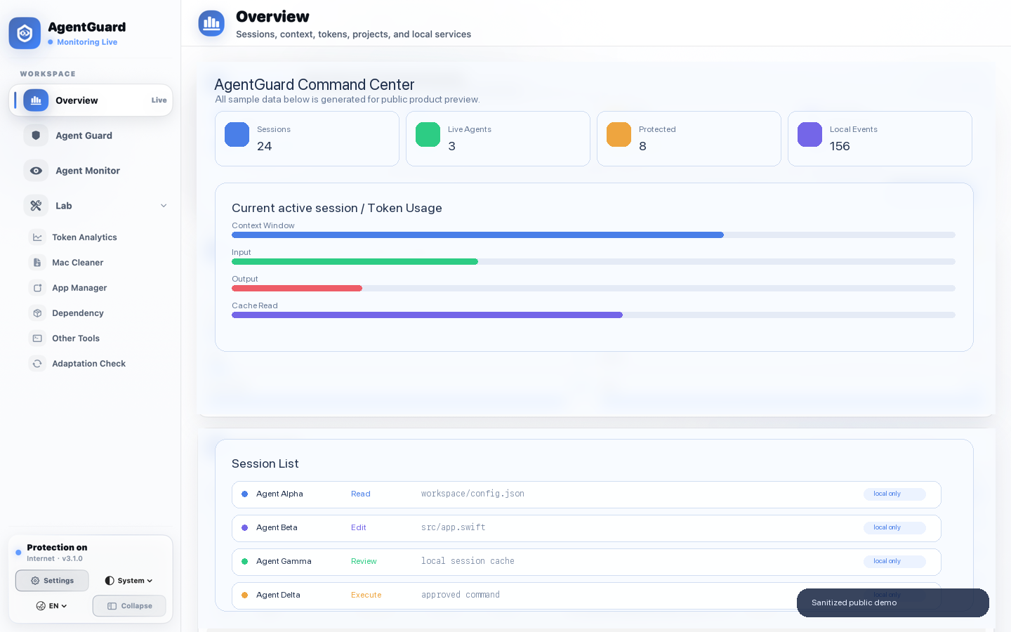 AgentGuard sanitized command center screenshot